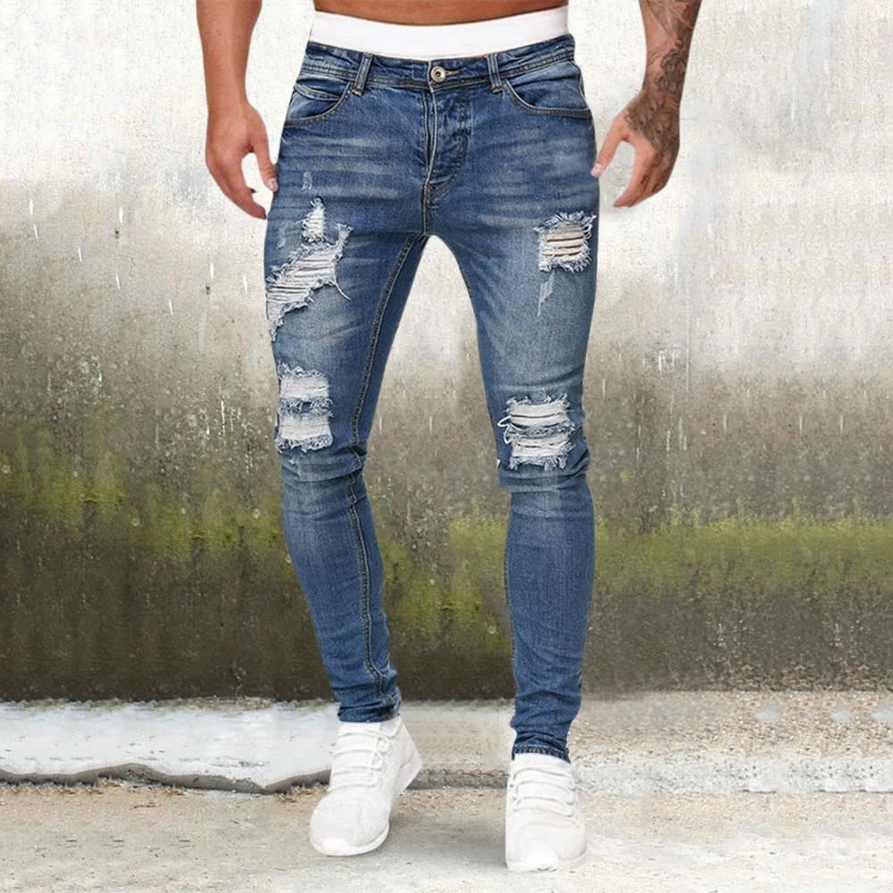 2024 Men's Fashion Street Style Ripped Skinny Jeans: Stretchy Destroyed Slim Fit Denim Pants